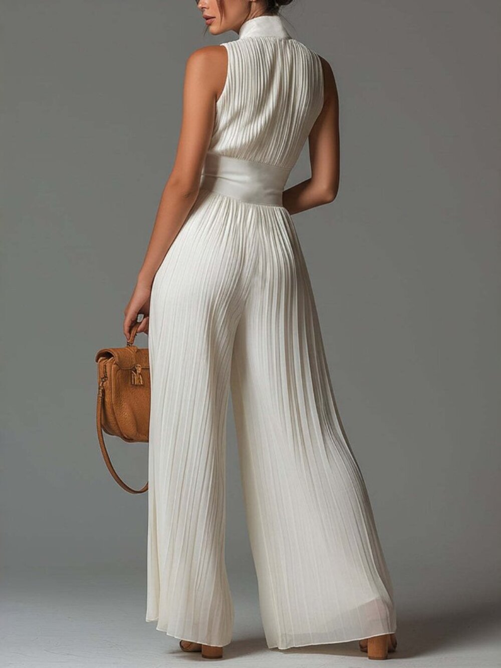 Women's White Pleated Halter Wide-Leg Jumpsuit - Picture 3 of 5